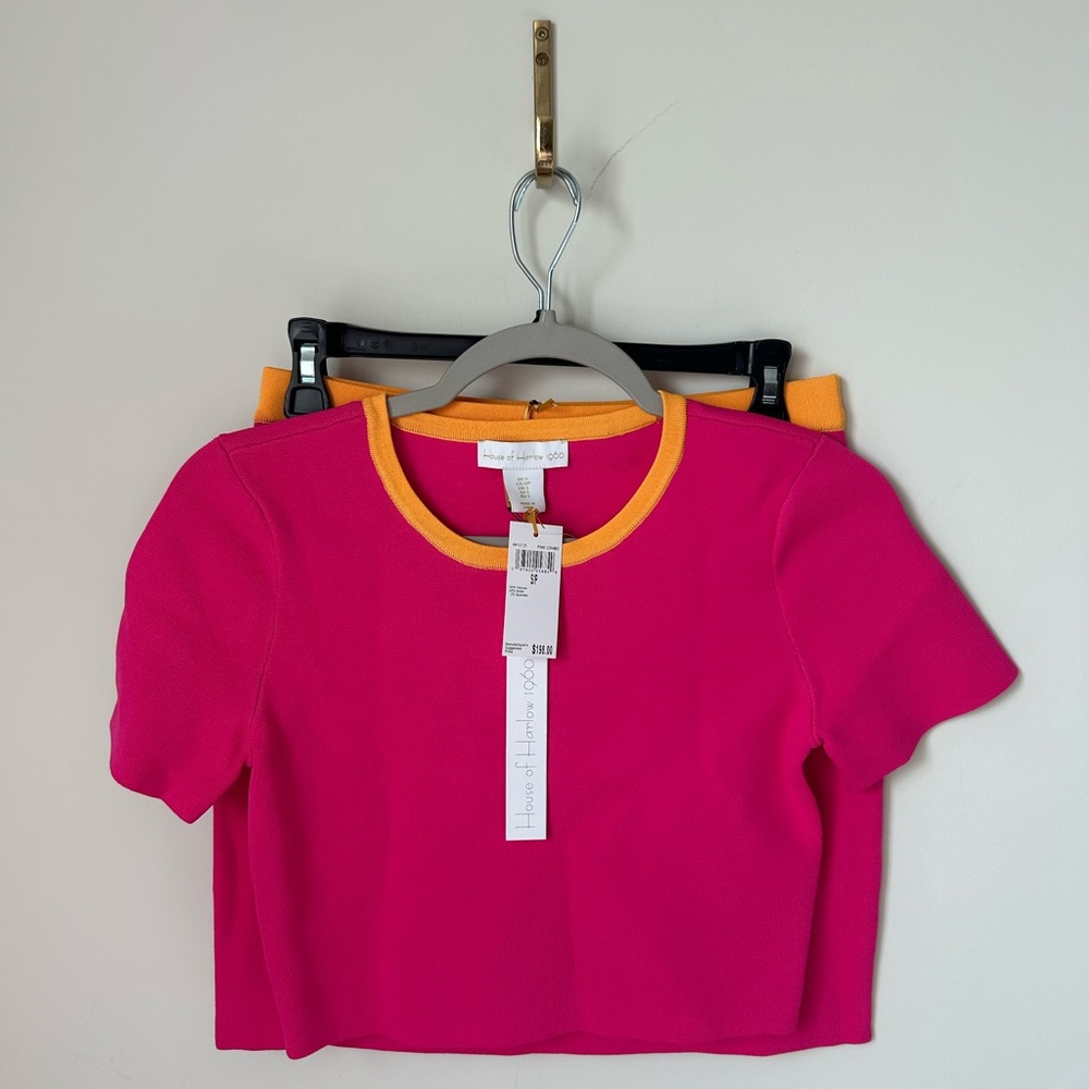 House of Harlow 1960 Pink Orange short sleeve Crop top with mini Skirt Set